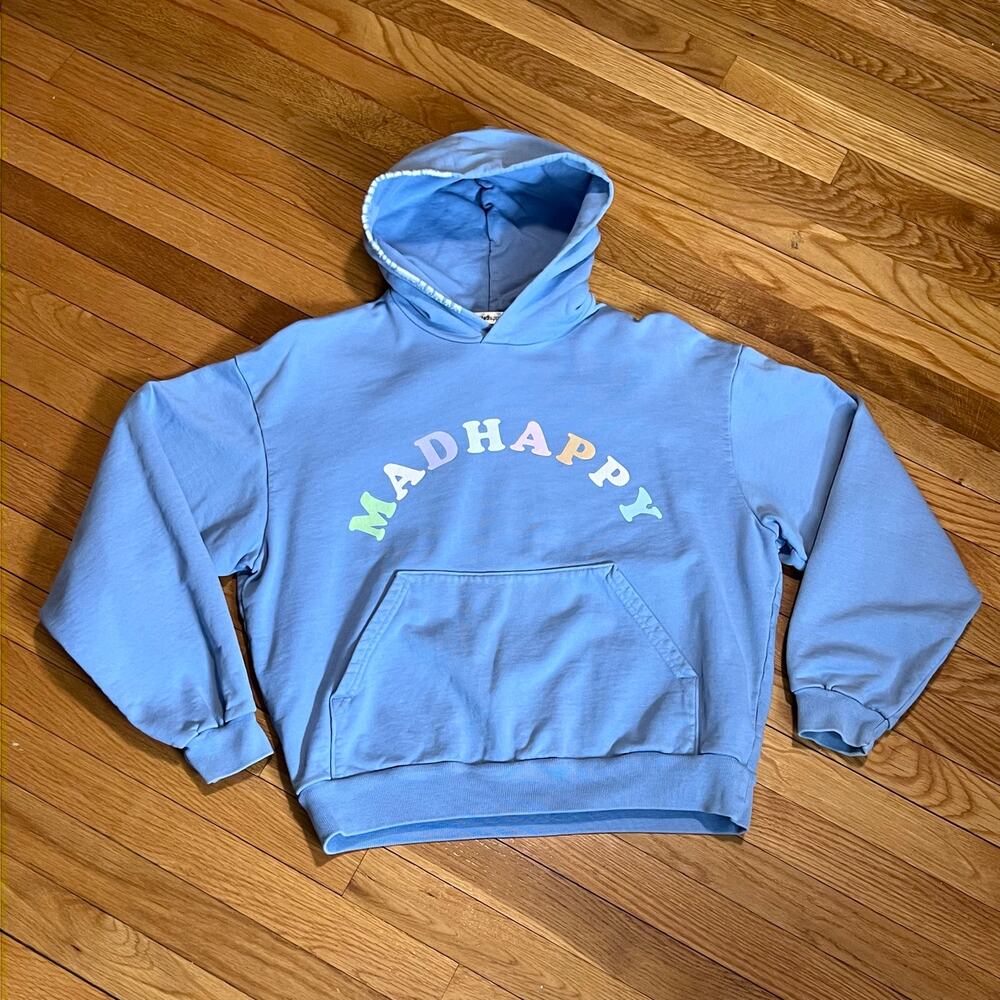 Madhappy French Terry Blue Pastel Pullover Arch Logo Graphic Hoodie Oversized XS